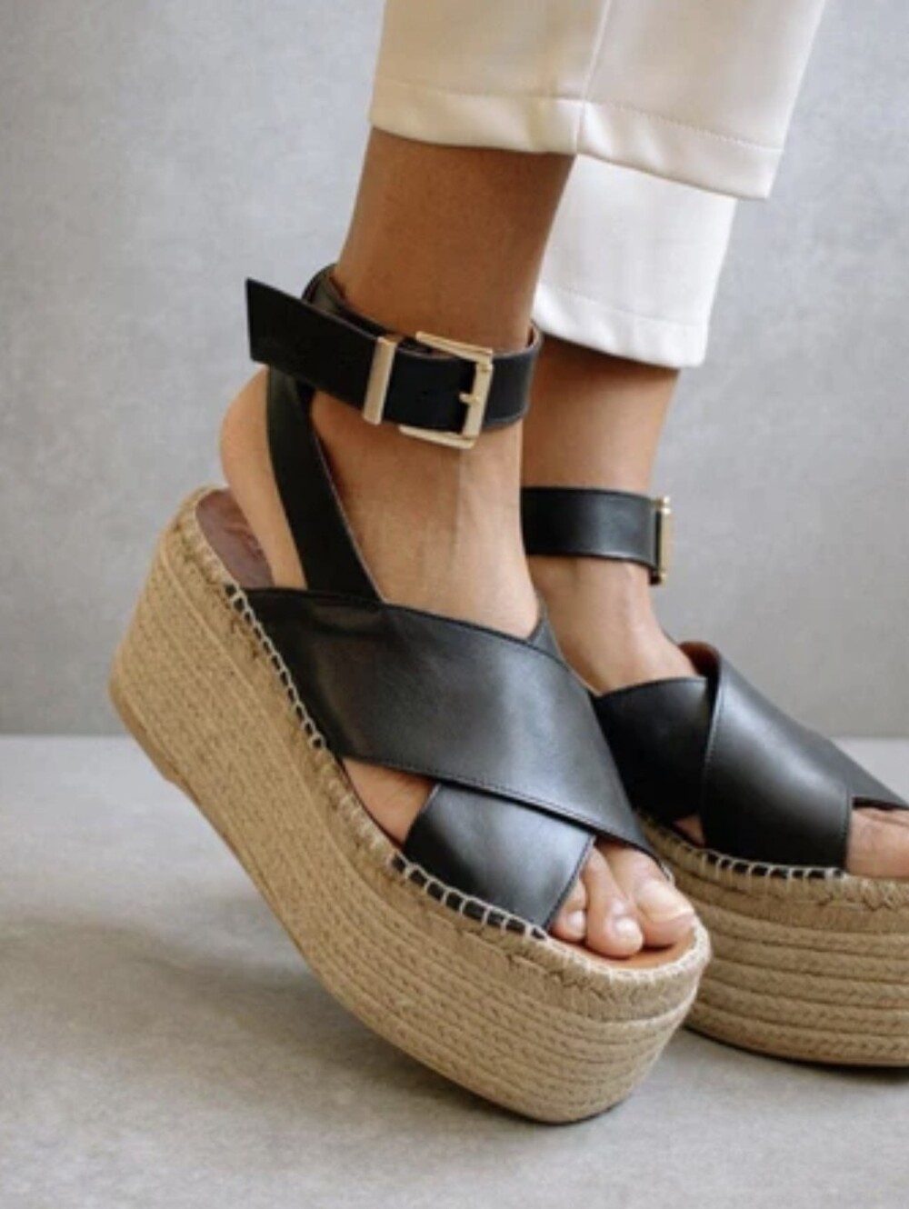 Alohas Black Leather Espadrille Wedge Sandals with Ankle Strap